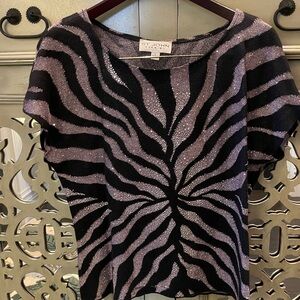 St. John Evening Black and Lavender Metallic Zebra Print Top